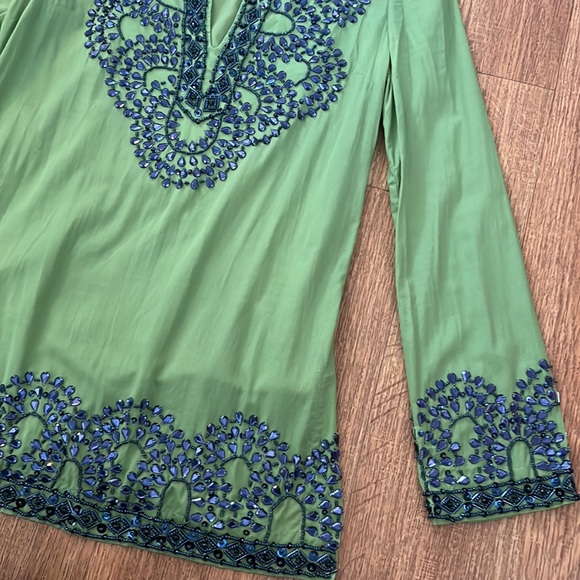 TORY BURCH TUNIC BEADED GEMS SEQUINED GREEN SAPPHIRE BLUE 2 LONG SLEEVE SHIRT SF - Picture 8 of 16